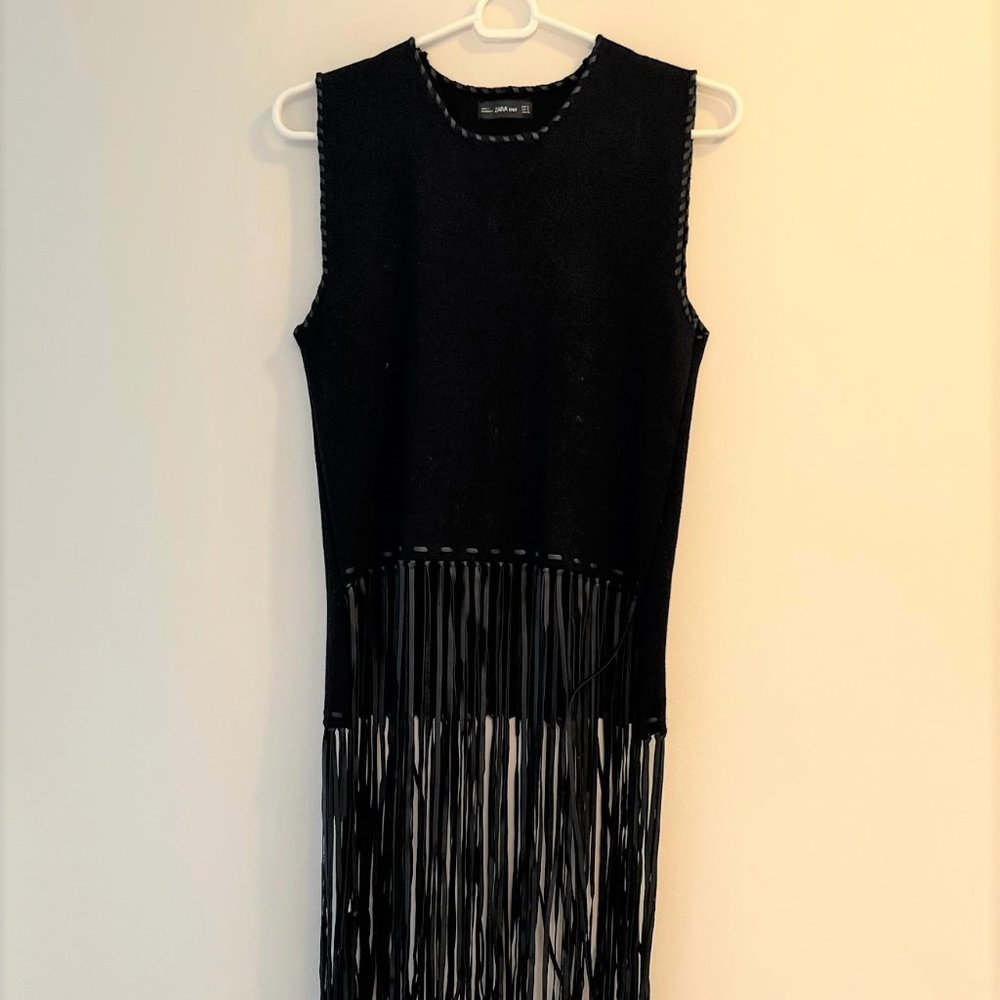 Zara Crop Top with Leather Fringe in Black Size Small